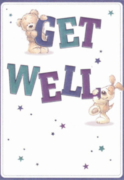Infused with the close-knit charm of Mottingham, this delightful get well card showcases two playful companions-a cuddly teddy and an expressive puppy-joining forces to send wishes of comfort. The soft, fluff-like textures of the bear contrast beautifully with the puppy's velvety ears and lively eyes, both figures expertly illustrated to embody the affectionate support of a Mottingham neighbour. Perched and balanced atop bold, oversized 'GET WELL' letters, painted in rich purples and vibrant teals, they seem to dance among a constellation of stars, their presence lighting up the soft white background. These starbursts, shimmering in shades of blue and lavender, evoke the subtle magic of a thoughtful floral arrangement prepared by local florists for swift delivery across the community. The composition's crispness and gentle optimism mirror the careful consideration given in both artistry and flower design. This card is more than a simple greeting-it's a radiant gesture, much like a bouquet lovingly prepared along Court Road, bringing hope and kindness to anyone recovering in Mottingham.